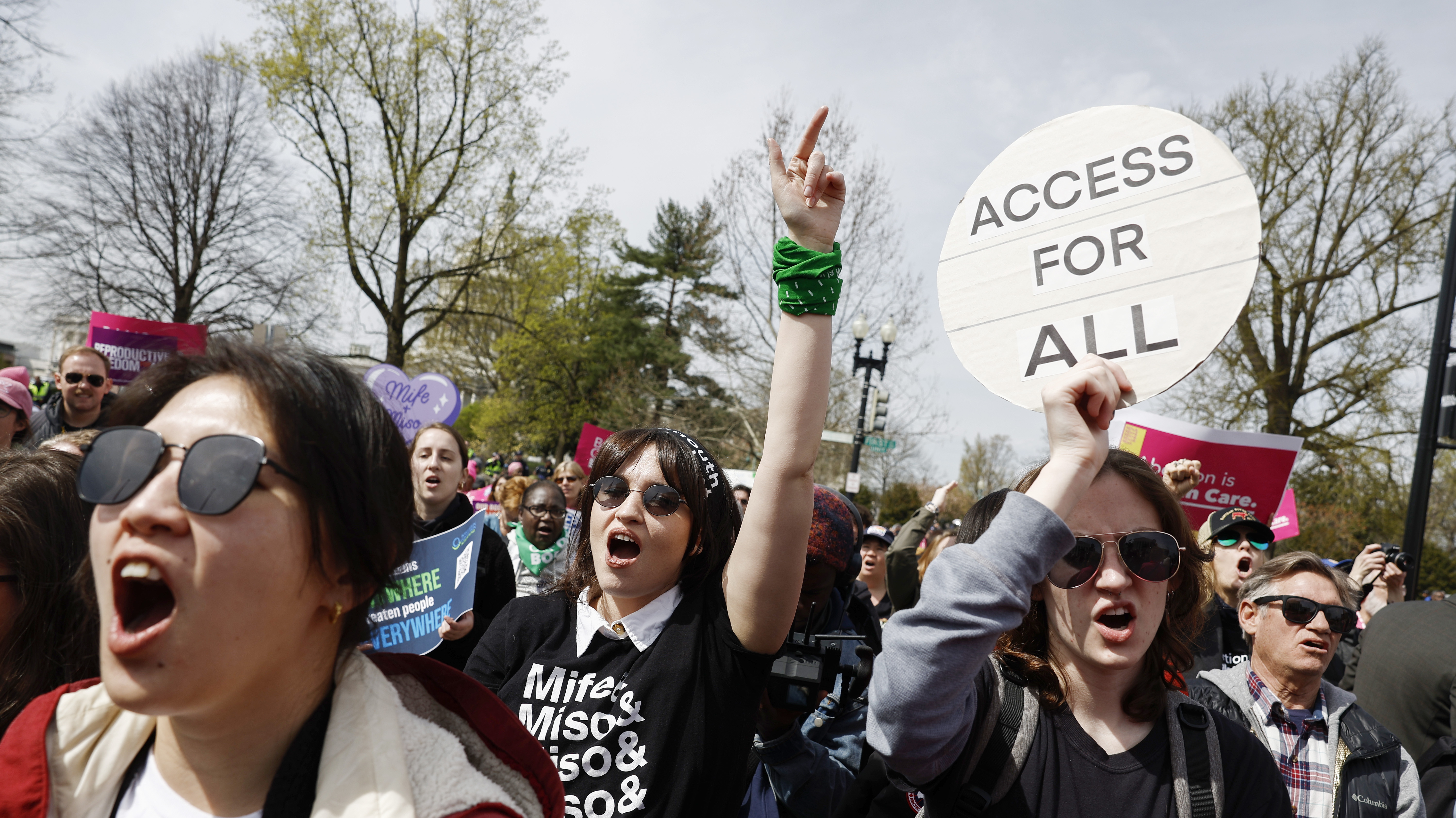 Demonstrators hold an abortion-rights rally outside the Supreme Court on March 26 as the justices of the court heard oral arguments in<em> Food and Drug Administration v. Alliance for Hippocratic Medicine</em>.