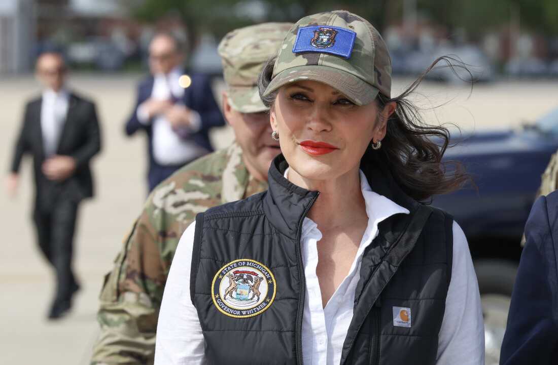 Michigan Gov. Gretchen Whitmer arrives to greet President Donald Trump before he speaks to Air National Guard Troops on April 29, 2025 at Selfridge Air National Guard Base, Michigan.