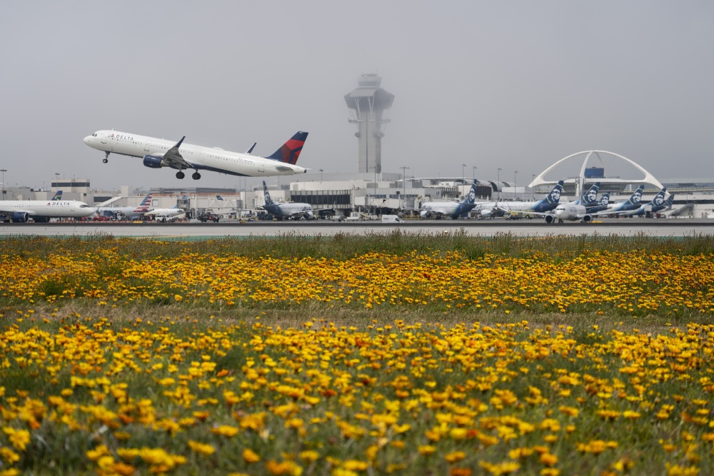 A Delta Air Lines jet takes off at the Los Angeles International Airport in April. Ed Bastian, the airline's CEO, says the CrowdStrike outage has cost the carrier $500 million.  (AP)