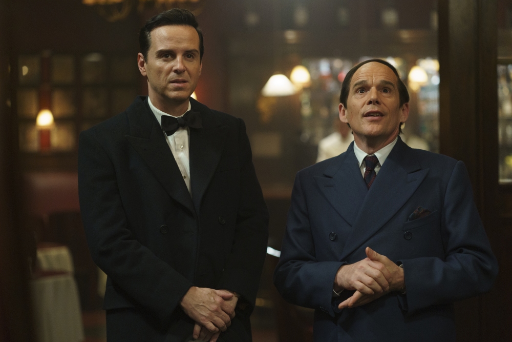 Andrew Scott, left, as Richard Rodgers and Ethan Hawke, right, as Lorenz Hart in Richard Linklater's <em>Blue Moon.</em> (Sony Pictures Classics)