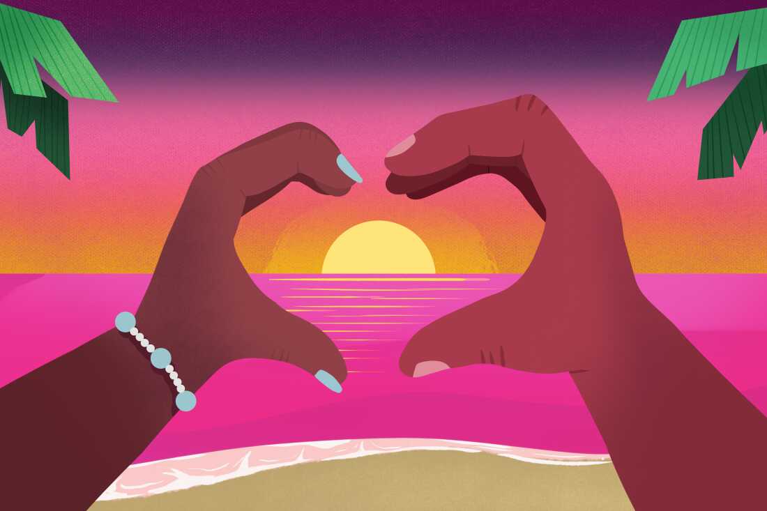 Two different hands holding a "C" shape to form a heart. Behind the hands is a picturesque beach at sunset.