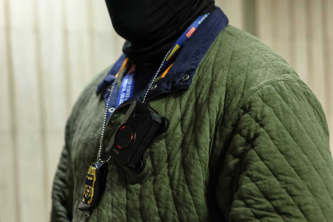 A federal agent's body camera records as they question a woman before she is released as they patrol the halls of immigration court at the Jacob K. Javits Federal Building in March 2026 in New York City.