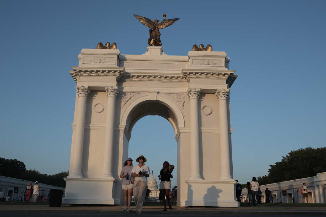 A replica of President Trump's planned arch stood at the Great American State Fair in July.