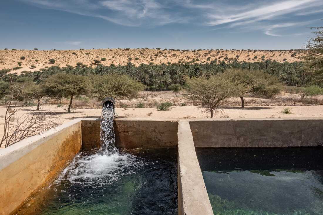 A borehole installed by the SOS Sahel in line with its work to support the Great Green Wall Initiative is seen outside an oasis in Barkadroussou, Kanem province, Chad. The water supports 300 independent farmers in the oasis.