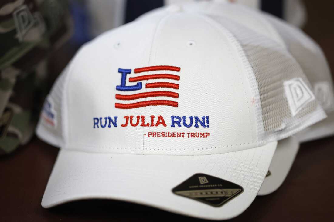 A detailed view of a hat that reads, Run Julia Run, is seen at a campaign event for Rep. Julia Letlow (R-LA) on May 6, 2026 in Franklinton, Louisiana.