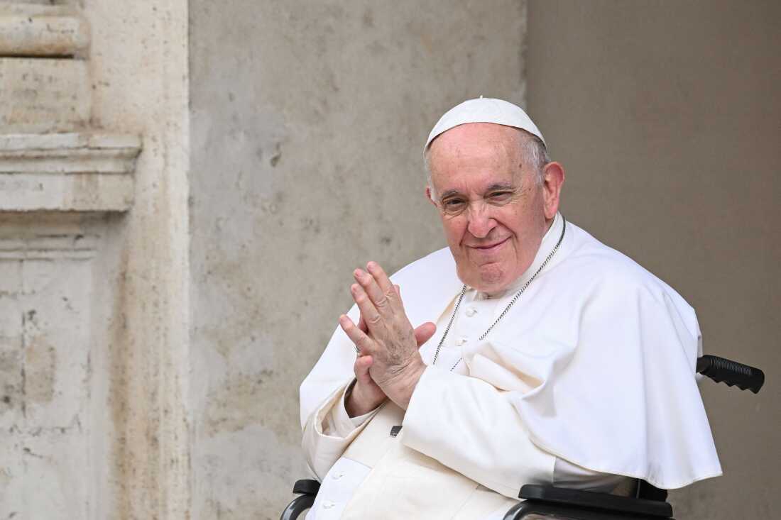 Pope Francis, seated in a wheelchair, presides over "The Cortile dei Bambini" (The Children's Courtyard) encounter with children coming from all over Italy, on June 4, 2022, at San Damaso courtyard in The Vatican.
