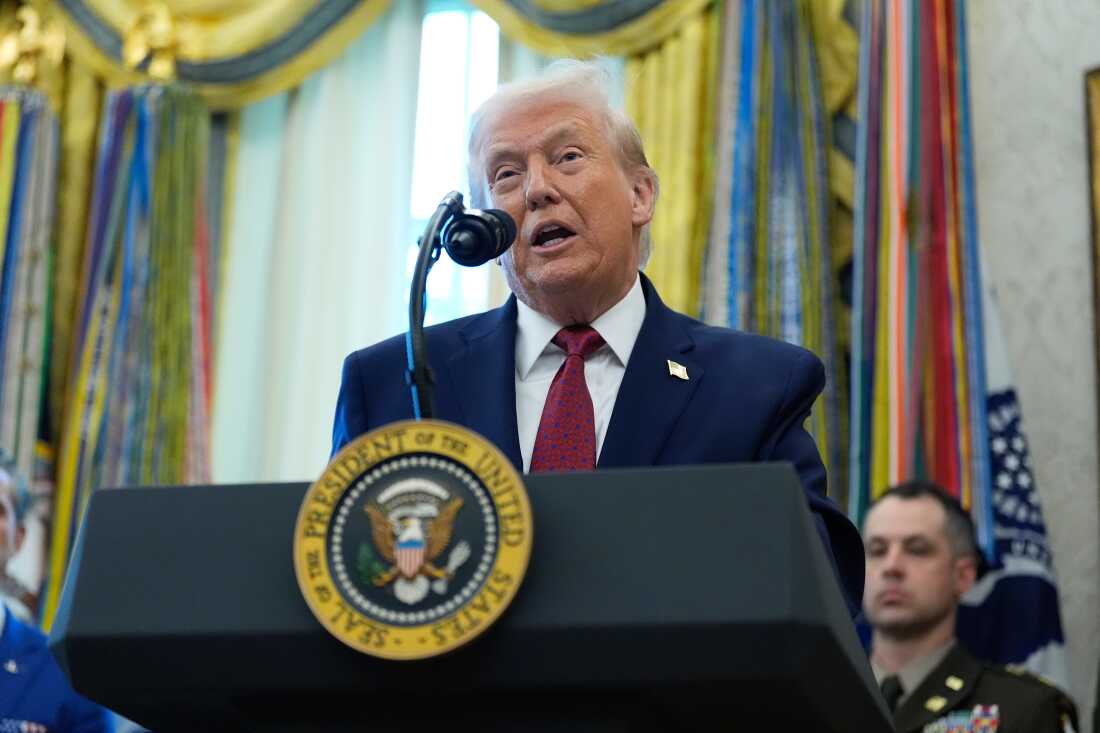 President Donald Trump speaks during a Mexican Border Defense Medal presentation in the Oval Office of the White House, Monday, Dec. 15, 2025, in Washington.