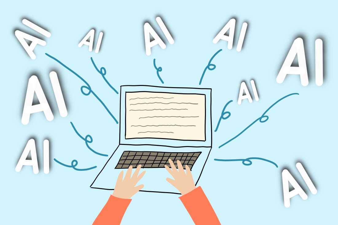 A pair of hands typing on a laptop keyboard, surrounded by the floating text 'AI.' The background is light blue, and the concept revolves around artificial intelligence and modern technology. This flat illustration could represent the use of AI in digital work, automation, or innovation. Ample copy space is available for text or branding.
