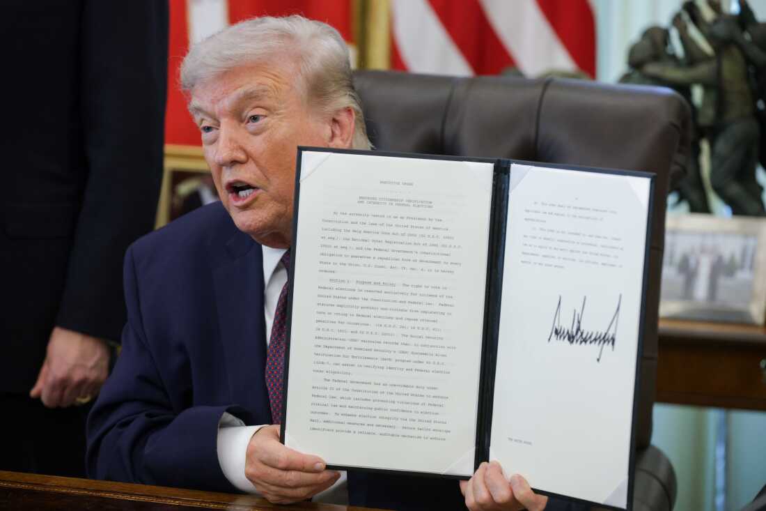 President Trump holds up an executive order calling to restrict mail-in voting in the White House’s Oval Office in March.