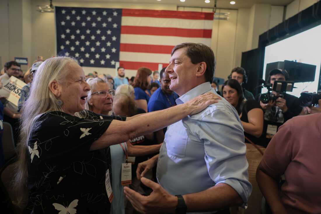 Troy Jackson greets people after being selected as the new Democratic nominee for U.S. Senate in Maine on July 25, 2026, in Bangor.