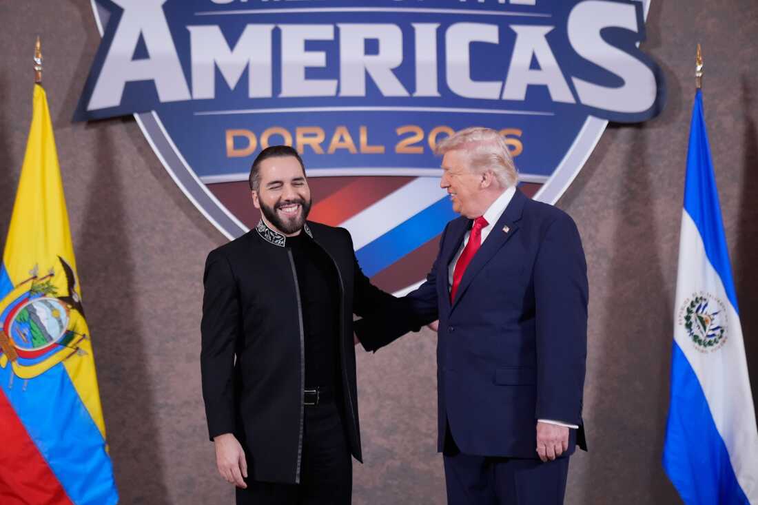 President Donald Trump has maintained a friendly relationship with Salvadoran President Nayib Bukele, hosting him at the White House and at the Shield of the Americas Summit, Saturday, March 7, 2026, at Trump National Doral Miami in Doral, Fla.