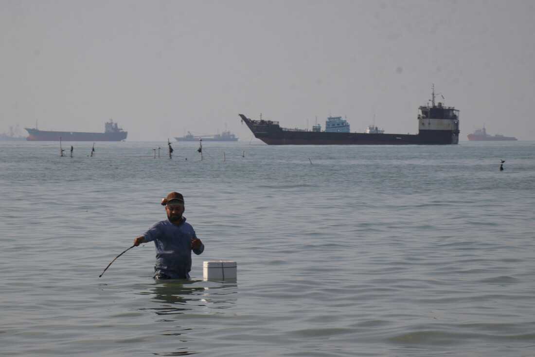 A man stands in the water, appearing to fish, as bulk carriers, cargo ships, and service vessels line the horizon in the Strait of Hormuz off Bandar Abbas, Iran, Monday, April 27, 2026.