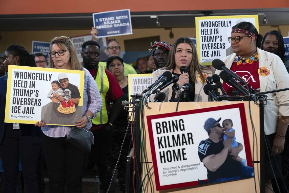Jennifer Vasquez Sura, the wife of Kilmar Abrego Garcia of Maryland, who was mistakenly deported to El Salvador, speaks during a news conference Friday at CASA's Multicultural Center in Hyattsville, Md.