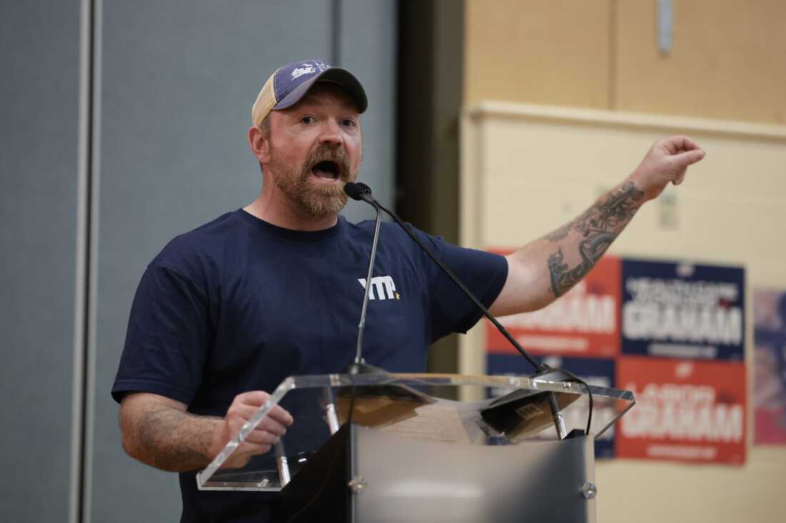 Democratic Senate candidate Graham Platner speaks during a town hall on May 20 in Portland, Maine.