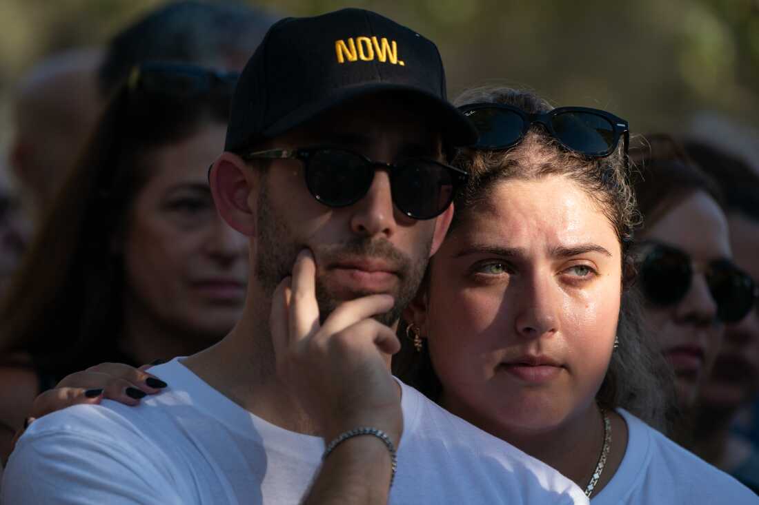 Itay Raviv, the grand nephew of Munder, attends the funeral of Avraham Munder, 79, in Nir Oz, Israel on August 22. Raviv had been advocating for the release of his family members in the press. Avraham was taken hostage from his home in Nir Oz along with his wife Ruti, daughter Keren and 9 year old grandson Ohad on October 7th. His son Roy who lived nearby was killed that day and was re-buried alongside his father in the same service. Ruti, Keren and Ohad were freed in a hostage deal earlier this year. The Israeli military announced on 20 August that the bodies of six Israeli hostages -- named as Yagev Buchshtab, Nadav Popplewell, Avraham Munder, Yoram Metzger, Haim Perry and Alexander Dancyg -- were recovered from the Gaza Strip during an overnight military operation. The current number of hostages in Gaza is now 109. Maya Levin for NPR