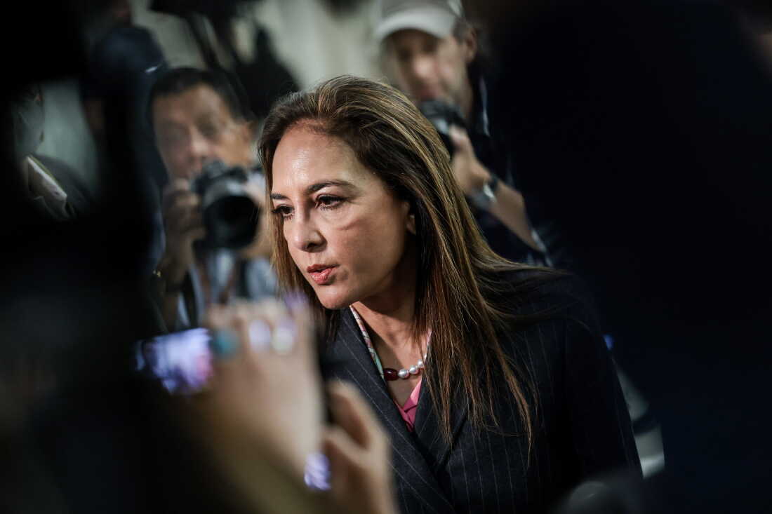 Assistant Attorney General for Civil Rights Harmeet Dhillon speaks to reporters on Capitol Hill on May 29.