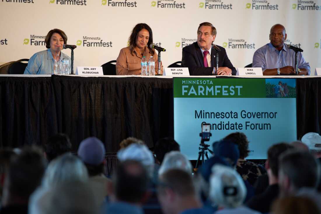Four people, two women on the left and two men to the right, sit behind a table up on a state. The sign on the stage says, "Minnesota Farmfest. Minnesota Governor Candidate Forum."