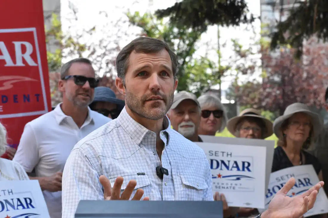 Seth Bodnar, an independent candidate for a U.S. Senate seat in Montana, speaks to supporters and the press outside the Yellowstone County Courthouse, Aug. 7, 2026, in Billings, Montana.