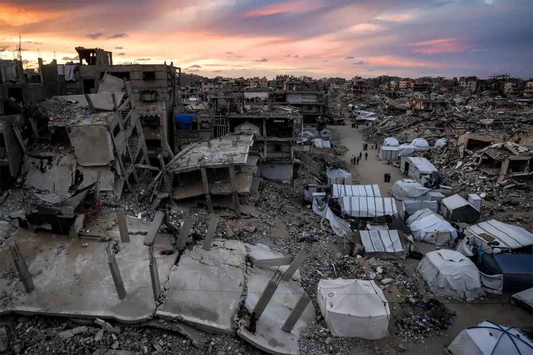 Tents sheltering people displaced by war stand between the rubble of destroyed buildings in the Jabalia camp for Palestinian refugees in the northern Gaza Strip on Oct. 20, 2026.