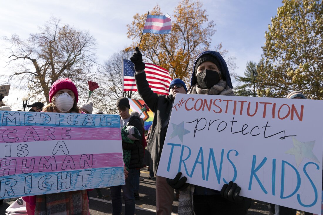 Supporters of transgender rights hold signs saying "Medical care is a human right" and "The Constitution protects trans kids" as they rally outside the Supreme Court on Wednesday in Washington, D.C.