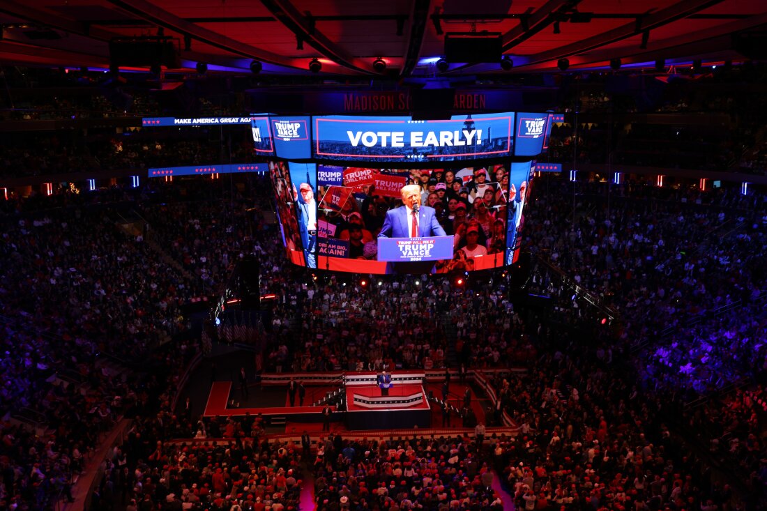 Republican presidential nominee, former U.S. President Donald Trump speaks at a campaign rally at Madison Square Garden on Oct. 27, 2024 in New York City.