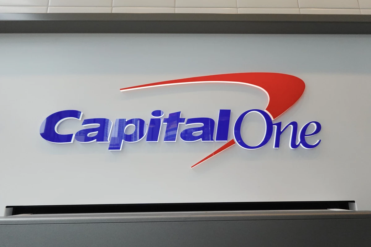 A sign above an ATM at a Capital One Café on Feb.19, 2024, in Miami.