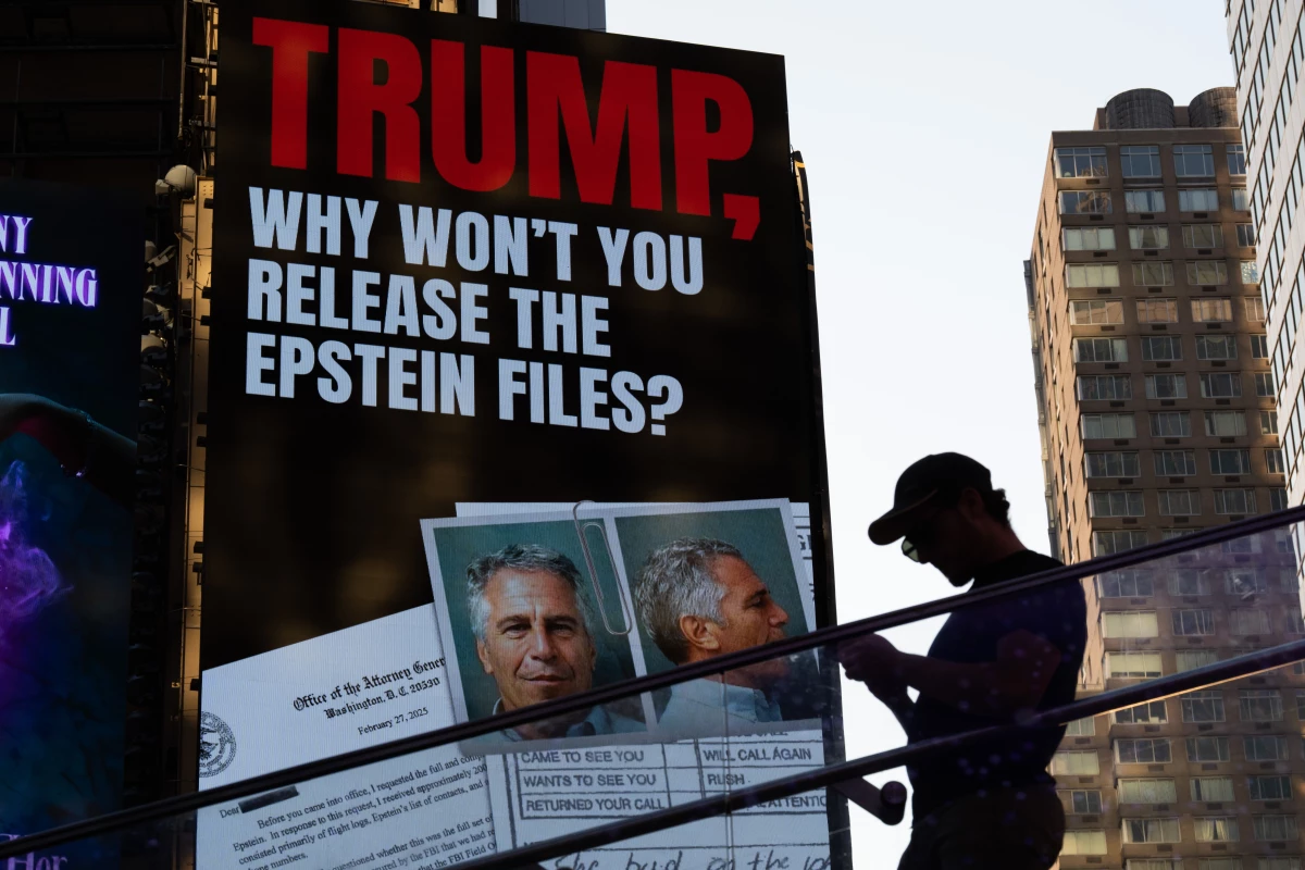A billboard in Times Square calls for the release of the Epstein files on July 23 in New York City.