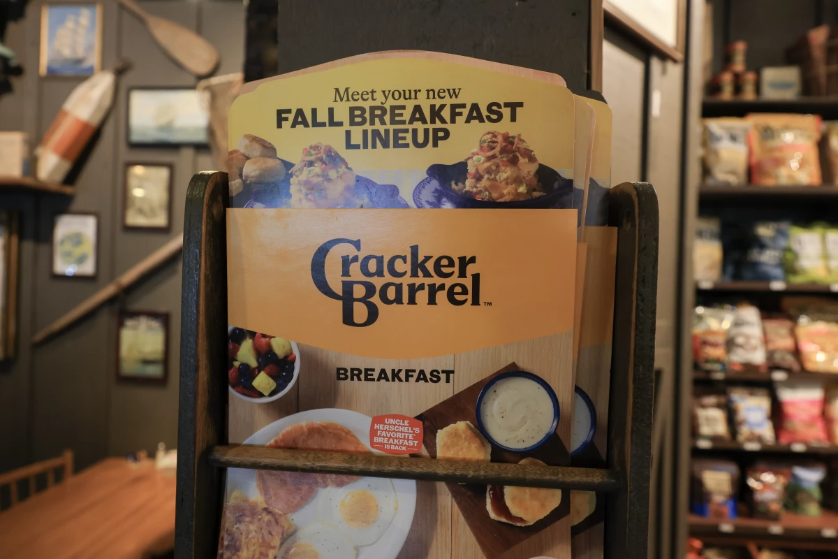 The short-lived updated Cracker Barrel logo is seen on a menu inside the restaurant in Homestead, Fla., on Aug. 21.
