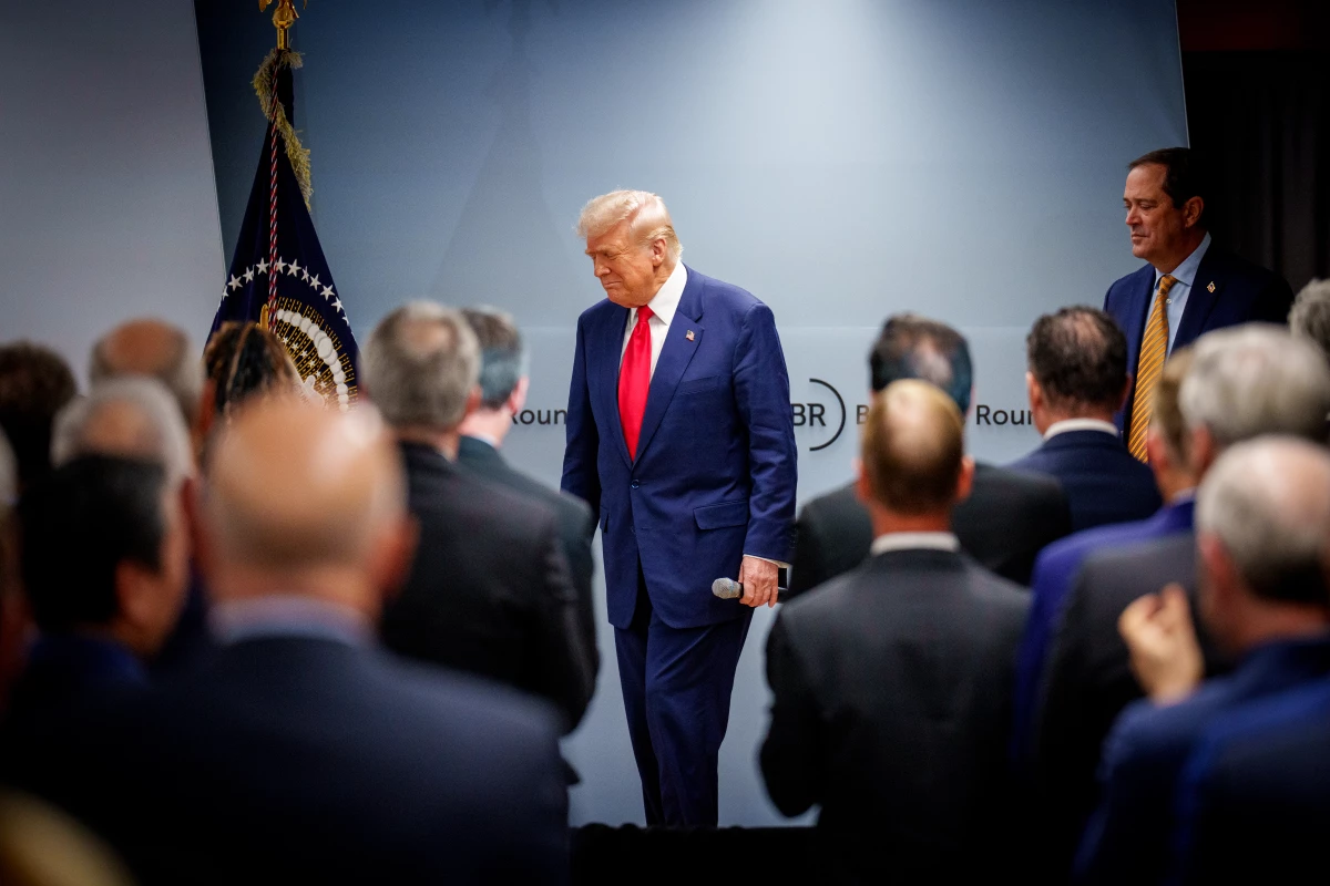 President Trump arrives at the Business Roundtable's quarterly meeting on March 11, to address a group of CEOs amid an ongoing market selloff sparked by his new tariffs.