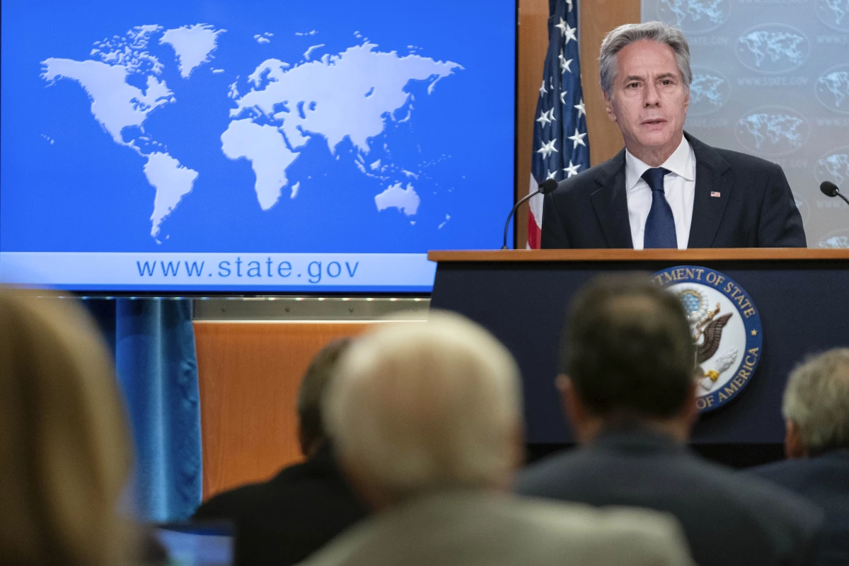 Secretary of State Antony Blinken speaks during a news conference about Russia's election interference at the Department of State in Washington on Friday.