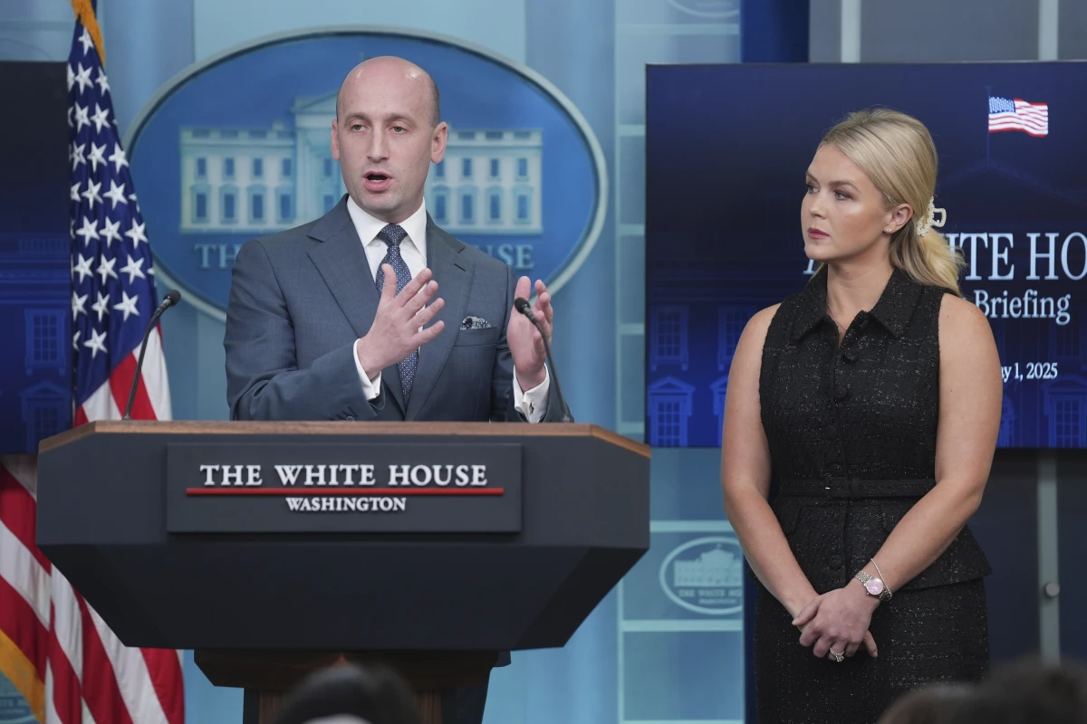 White House Deputy Chief of Staff Stephen Miller called gender-affirming care for children 'barbaric' at a press conference on Thursday. Press secretary Karoline Leavitt looks on.