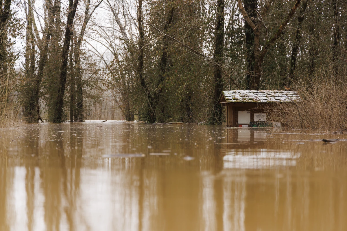 The Barren River floods at the entrance to Weldon Peete Park after a rain storm on Sunday, Feb. 16 in Bowling Green, Kentucky.