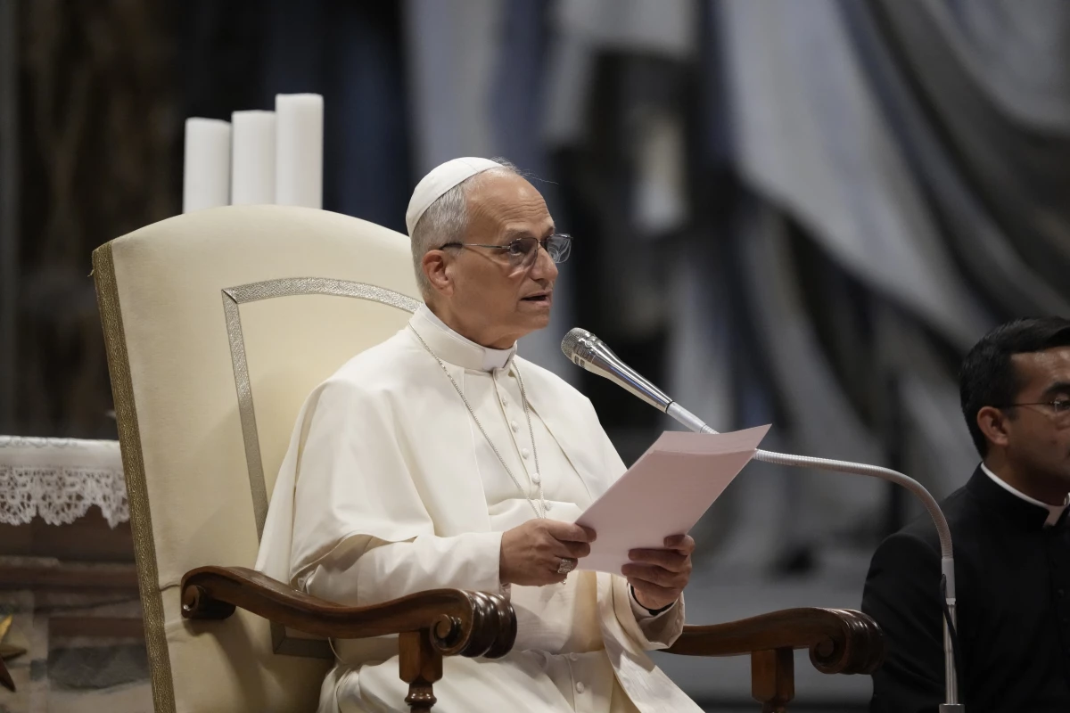 Pope Leo XIV attends a meeting with jubilee pilgrims from the Italian region of Umbria in St. Peter's Basilica at the Vatican, Saturday, Sept. 13.