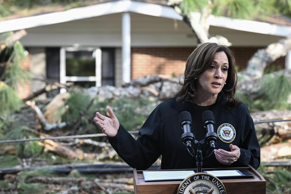 Vice President Harris speaks about damage caused by Hurricane Helene in Augusta, Ga., on Oct. 2.