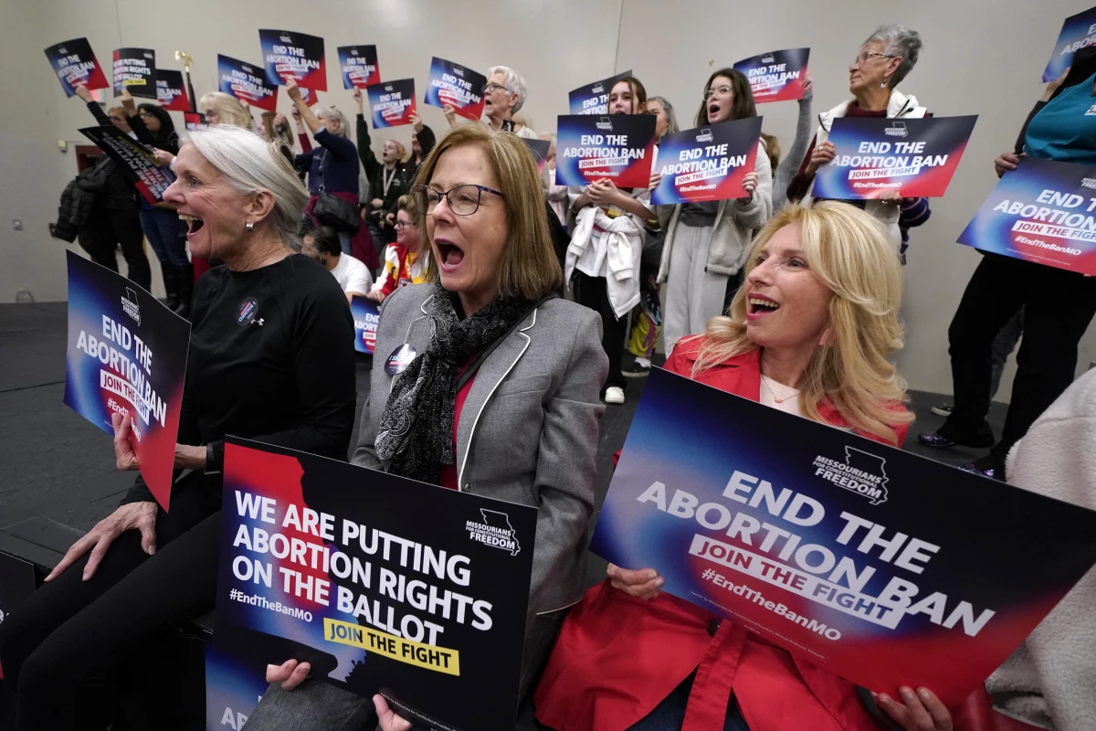FILE - Missouri residents and pro-choice advocates react to a speaker during Missourians for Constitutionals Freedom kick-off petition drive, Feb. 6, 2024, in Kansas City, Mo. (