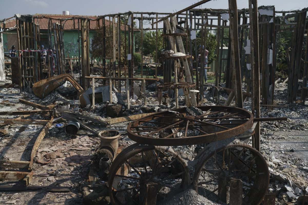 Destroyed property is seen at Kibbutz Netiv HaAsara near the Gaza border, Nov. 17, 2023. Maoz Inon's parents were killed along with others at the kibbutz.