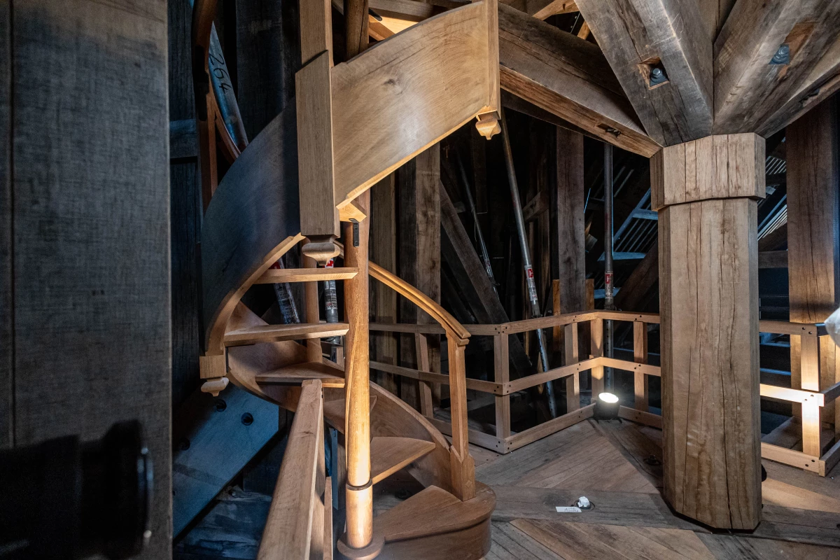 This photograph shows the wooden 'Poincon', the part of the spire that supports the arrow of Notre-Dame de Paris Cathedral in Paris on Friday.