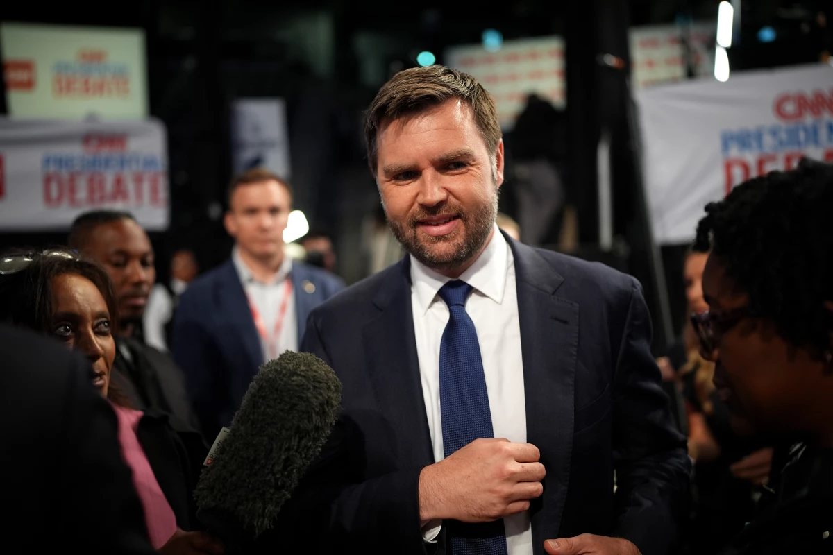 U.S. Sen. JD Vance (R-Ohio) speaks to reporters in the spin room after the CNN Presidential Debate in June 2024 in Atlanta, Ga.