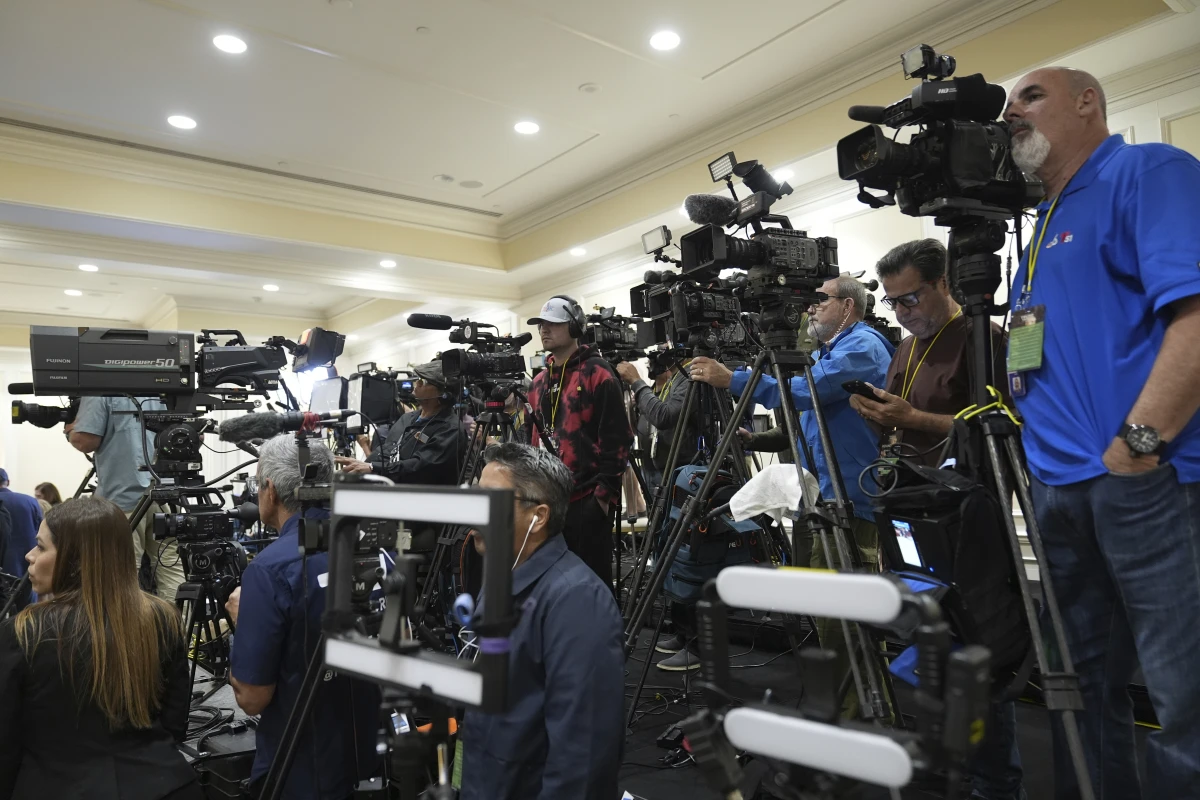 Members of the media cover a roundtable that former President Donald Trump, the Republican presidential nominee, participated in with Latino leaders on Oct. 22 in Doral, Florida.