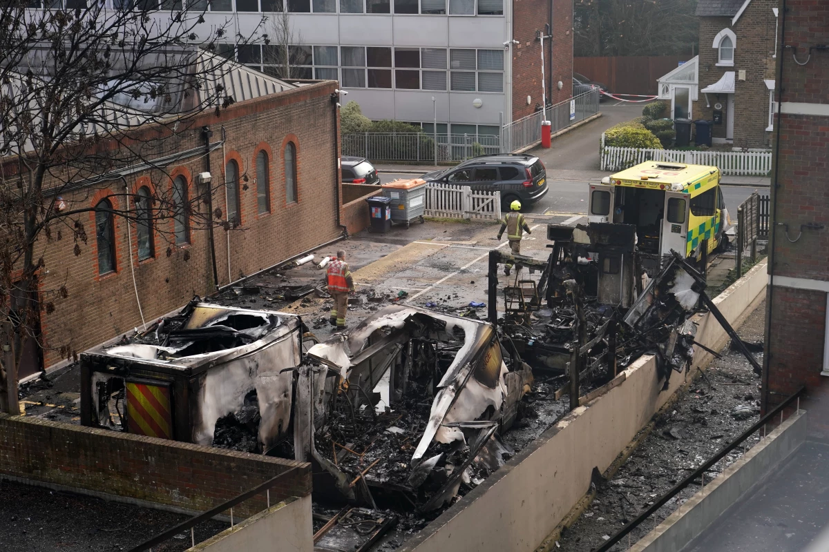 View at burnt Ambulances in a car park at Golders Green in London, Monday, March 23, 2026 after an apparent arson attack on four vehicles belonging to a Jewish ambulance service, Hatzola Northwest, in London.