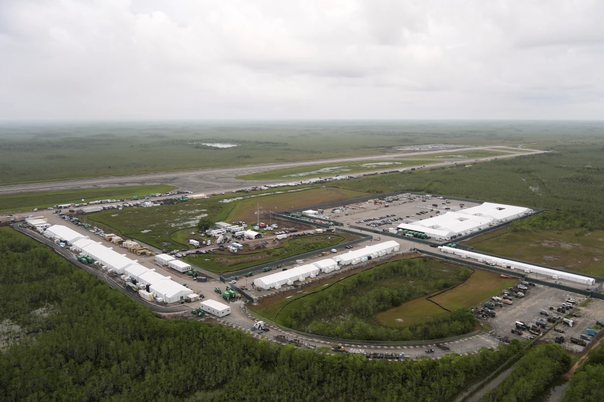 The immigrant detention facility known as 'Alligator Alcatraz' is shown on July 4, 2025, as construction was finishing at the Dade-Collier Training and Transition airport in the Florida Everglades. A lawsuit, brought by environmental groups and the Miccosukee tribe, has challenged the expansion and operations of the facility.
