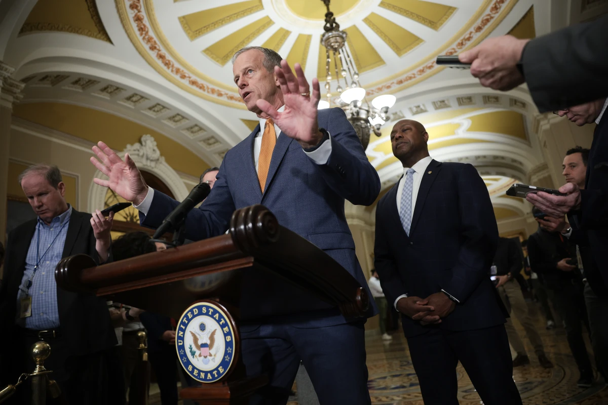 Senate Majority Leader John Thune, R-S.D.,answers questions at the U.S. Capitol following a weekly Republican policy luncheon on Tuesday.
