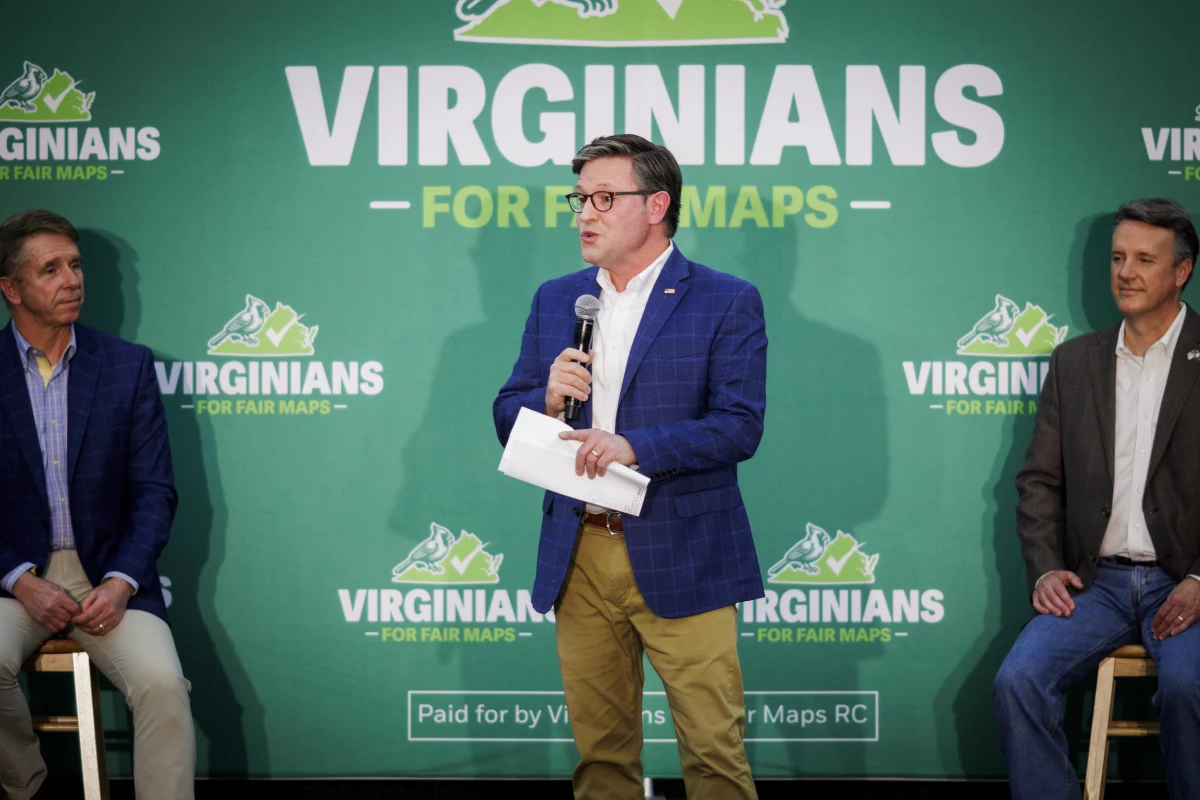 Republican Speaker of the House Mike Johnson gives remarks during a rally opposing the proposed 10-1 congressional maps on Saturday, April 11, at Dynamic Aviation in Bridgewater, Va.