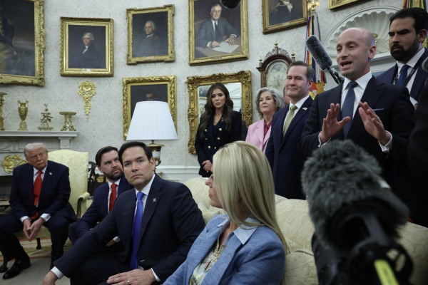 White House Deputy Chief of Staff Stephen Miller speaks as Vice President JD Vance, Secretary of State Marco Rubio and Pam Bondi, U.S. Attorney General, sit nearby as President Trump meets with President Nayib Bukele of El Salvador in the Oval Office on April 14.