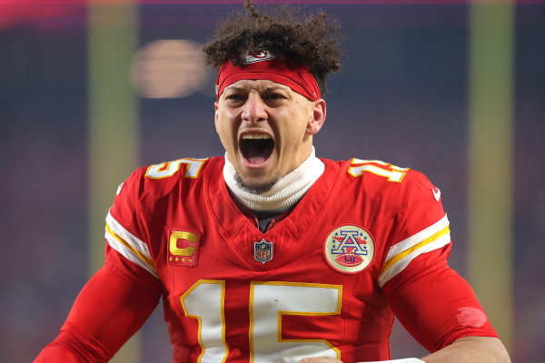 Patrick Mahomes #15 of the Kansas City Chiefs reacts as he runs onto the field prior to the AFC Championship Game against the Buffalo Bills at GEHA Field at Arrowhead Stadium on January 26, 2025 in Kansas City, Missouri.