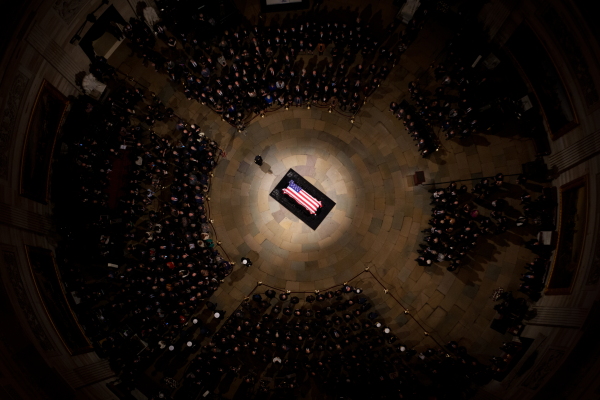 The flag-draped casket of former U.S. President Jimmy Carter lies in state in the U.S. Capitol Rotunda on Jan. 7, in Washington, D.C. Carter's body will lie in state in the Capitol Rotunda until a funeral service at the National Cathedral in Washington on January 9. Carter, the 39th President of the United States, died at the age of 100 on December 29, 2024 at his home in Plains, Georgia. (Photo by Andrew Harnik/Getty Images)