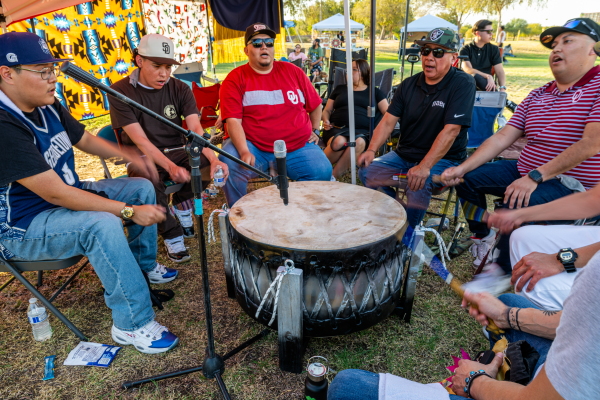 Drummers gather to perform and socialize at the Phoenix Indian Center’s Social Powwow and Gourd Dance.