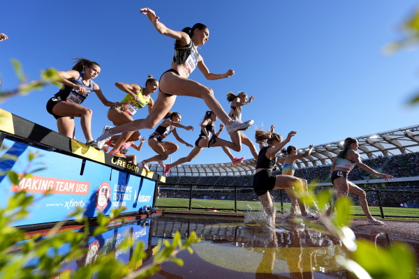 Runners compete in the women's 3000-meter steeplechase at the U.S. Track and Field Olympic Team Trials, Monday, June 24, 2024, in Eugene, Ore.