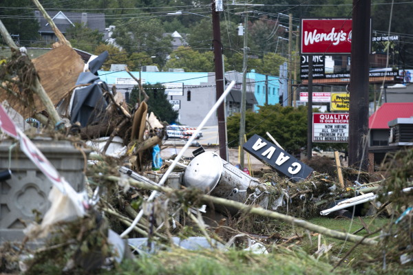 Storm damage from Hurricane Helene in Asheville, North Carolina, in September. Because of climate change, storms are more likely to become more intense, with higher wind speeds, heavier rainfall and more storm surge.
