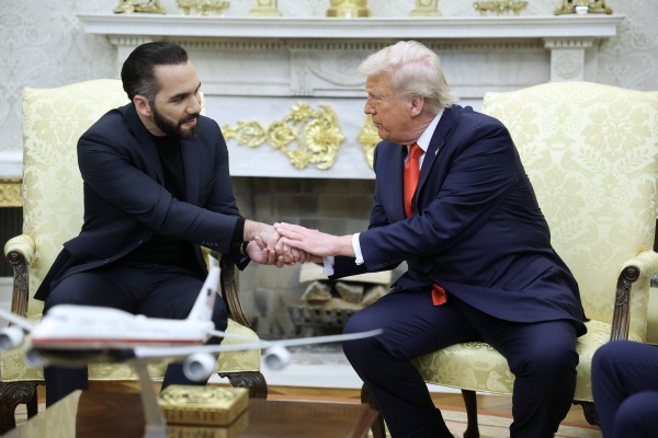President Trump meets with President Nayib Bukele of El Salvador in the Oval Office on April 14.